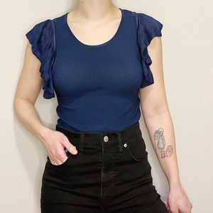 Sandro Blue Kaili Top Flutter Sleeve Knit Blouse 1